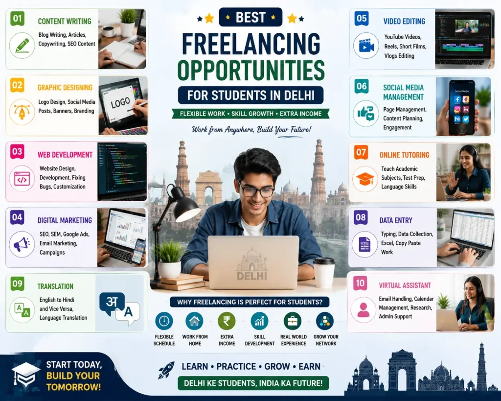 freelance showcasing the best freelancing opportunities for students in Delhi, including content writing, graphic designing, web development, digital marketing, video editing, social media management, online tutoring, data entry, translation services, and virtual assistant jobs.