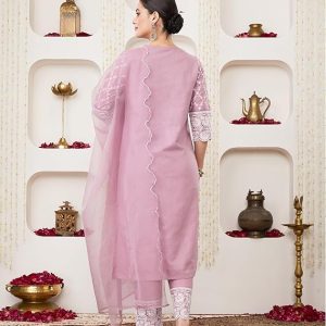 Myx Women Embroidered Cotton Kurta Pant Set with Organza Dupatta
