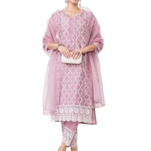 Myx Women Embroidered Cotton Kurta Pant Set with Organza Dupatta